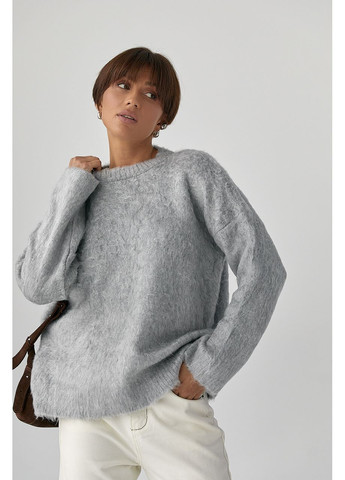 Серый зимний вязаный свитер из пушистой пряжи - коричневый цвет Lurex