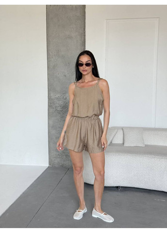 Жіночий літній комбінезон Україна комбінезон-шорти однотонний бежевий кежуал льон, шовк