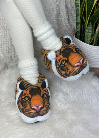 Рыжие женские плюшевые тапочки тигр рыжий с антискользящей подошвой My Kigu с вышивкой, с ушками