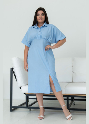 Голубое повседневный элегантное платье из льна меди длиной с воротником и манжетом (ск 1524) RiMari