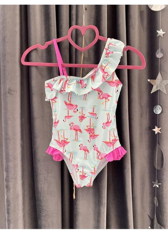 Блакитний літній купальник для дівчинки з фламінго суцільний BabyStyle