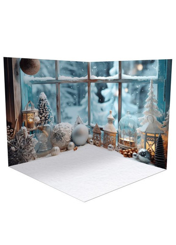 Вініловий фон для зйомки 3D зимове вікно з декором, підлога білий сніг і синє дерево, 50×50 см, №58533 PhotoVinyl (354374798)