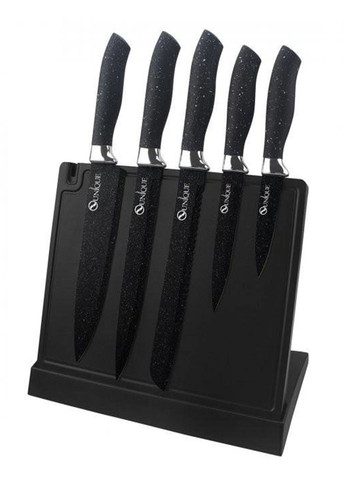Набор кухонных ножей из нержавеющей стали UN-1841 с магнитной подставкой и точилом 6 предметов Unique чёрные, пластик, нержавеющая сталь