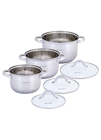 Набір каструль з нержавіючої сталі 6 предметів для індукції і газу (2.5 л, 3.8 л, 6.5 л) KM- hjk Kamille 5629S (360880111)