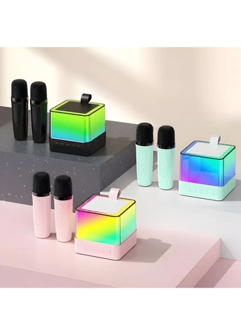 Бездротова Bluetooth-колонка 0222-3/МК з RGB-підсвіткою, 2 караоке-мікрофони, блакитна No Brand 0222-3/МК (387285107)