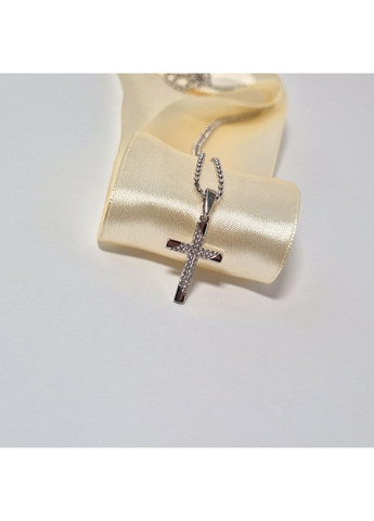 Срібний Хрестик прямий хрест з Білими каменями срібло 925 проби Родоване 1090р 1.23г Nobrand (365804692)