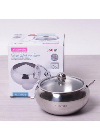 Сахарница 560мл из нержавеющей стали с ложкой стеклянная крышка для сахара контейнер для сладостей Kamille (368987389)