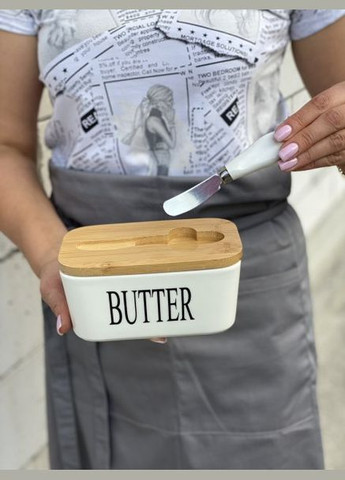 Маслянка керамічна 500 мл з бамбуковою кришкою та ножем для масла Біла Olens (349821201)