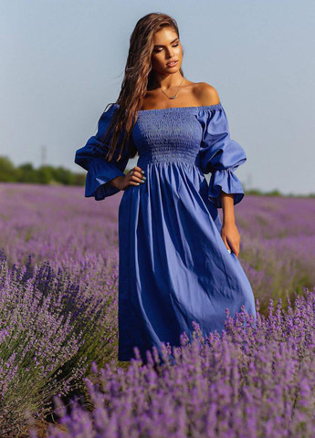 Синее повседневный женское льняное платье меди с рукавами фонариками с открытыми плечами Україна однотонное