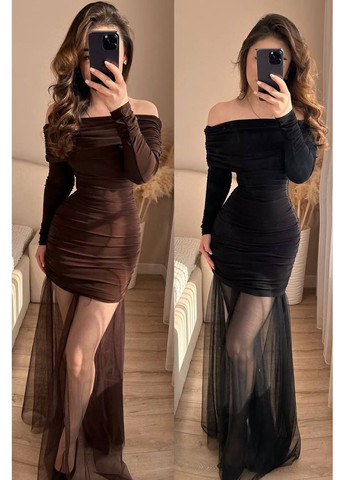 Коричневое вечернее женское платье с открытыми плечами No Brand