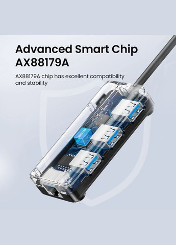 Мережевий адаптер/хаб USB 3.0 - 3хUSB 3.0 + RJ45 Ethernet 1000Mbps (Чорний) 20265 Ugreen (300523752)