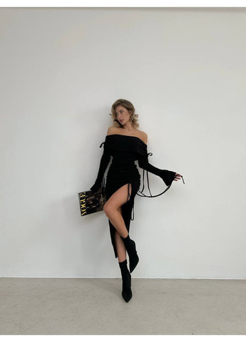 Черное вечернее платье из турецкого рубчика с завязочками, серый/черный — замер в описании Vione однотонное