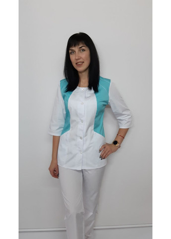 Жіночий медичний костюм Ліка стрейч-котон три чверті рукав 64, Білий з ментоловим оздобленням No Brand (361359848)