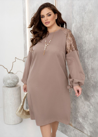 Бежевое праздничный, коктейльное, вечернее, деловое платье миди с длинными рукавами буфами с кружевом силуэтная, колокол, футляр No Brand однотонное