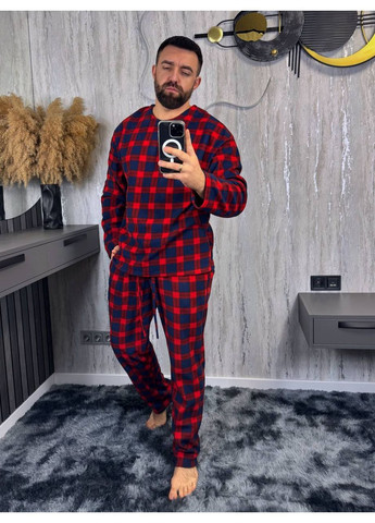 Синий зимний мужская теплая пижама в клетку из флиса брючный No Brand