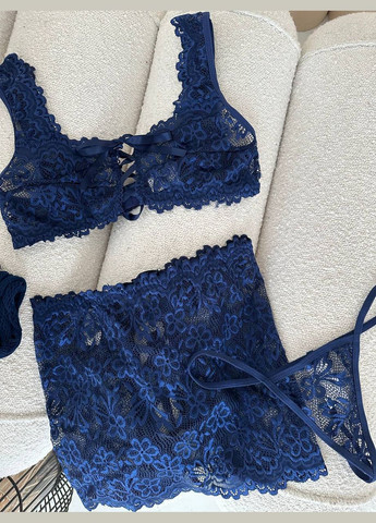 Синий демисезонный кружевной комплект с переплетом Vakko