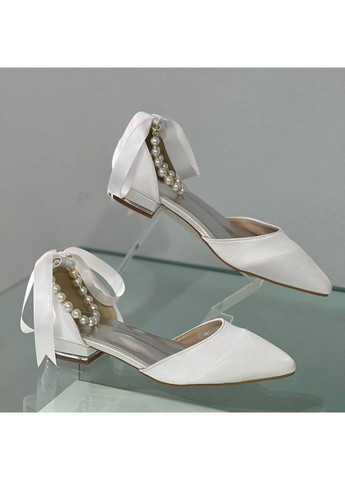 Жіночі жіночі балетки весільні атласні з брошкою перли квітка (знімається) - б-0002-1 | білі однотонні брошка текстиль (356117132)