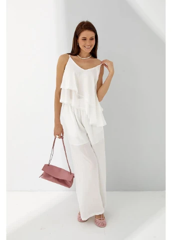 Костюм из блузки с кружевом и прямых брюк - голубой цвет Lurex (393166086)