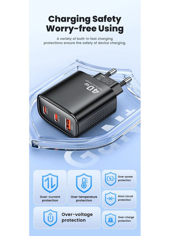 Мережевий зарядний пристрій GaN 40W з 3 портами (2×Type-C, USB-A) — швидка зарядка PD 3.0 / QC 4.0 Toocki (358500932)