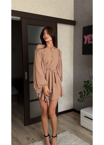 Бежева вечірня жіноча сукня міні з об'ємними рукавами та еластичною резинкою на талії кльош MonCher