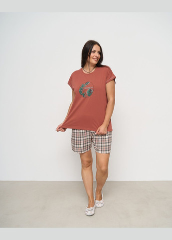 Коралова комплект футболка з шортами в клітинку - батал футболка + шорти Nicoletta