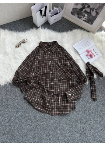 Сорочка зі стразами у клітинах. З поясом. No Brand (382170679)