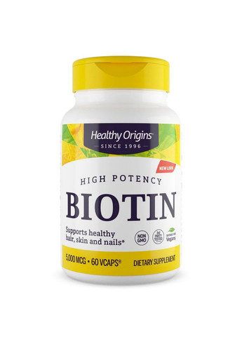 Вітаміни та мінерали Biotin High Potency 5000 mcg, 60 вегакапсул Healthy Origins (293415715)