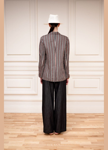 Черно-белый женский стильный костюмный жакет в коричнево-черную полоску из хлопка и вискозы панамера Dolcedonna -