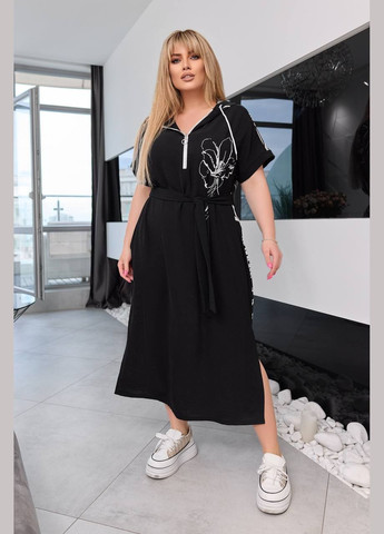 Черное женское платье с поясом цвет черный цветы р.50/52 453802 New Trend