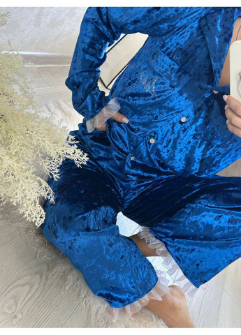 Синя всесезон піжама з мармурового велюру — заміри в описі сорочка + брюки DK/DL Мода без кордонів