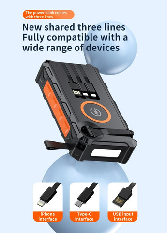 Солнечный повербанк-электрогенератор 30000 мАч с беспроводной зарядкой, динамо-машиной и защитой IP66 No Brand (314696000)