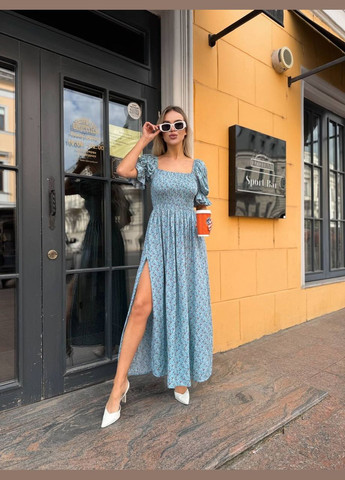 Светло-голубое повседневный, вечернее, кэжуал женское платье FINO Mode в горошек