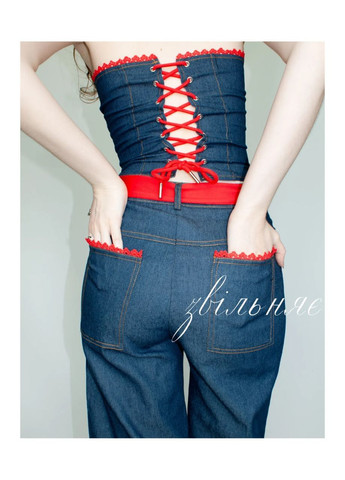 Костюм двойка денимовый ретро стиль джинсовый топ-корсет на шнуровке стильные брюки джинсы прямого кроя с лентой y2k винтажный No Brand (341530441)