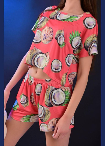 Коралловая всесезон пижама женская кораллового цвета футболка + шорты No Brand Жіночі піжами
