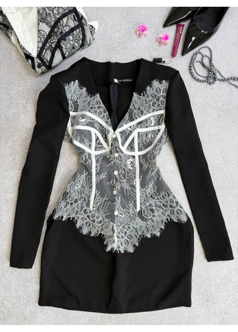 Черное праздничный платье из костюмки и французского кружева — замеры в описании силуэтная DK/DL Мода без кордонів однотонное