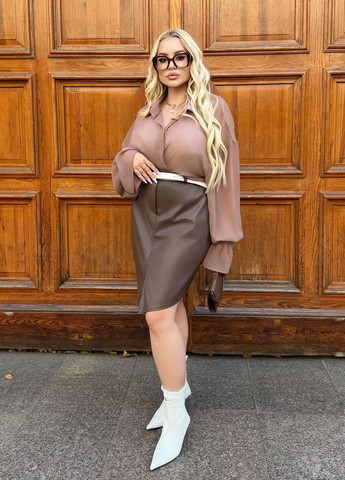 Коричневая повседневная, офисная, кэжуал однотонная кожаная юбка длиной по колено с карманами No Brand карандаш