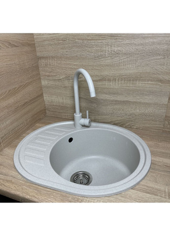 Набор кухонный Ovum, искусственный камень, овальная, с крылом, 615х495х200мм, чаша - 1, врезная, Old stone + смеситель и дозатор Adamant (371632955)