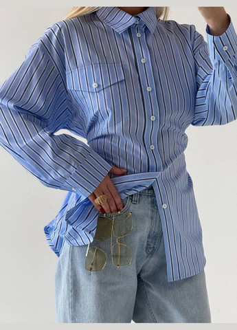 Голубой коктейльный, классическая, повседневный, кэжуал, вечерний рубашка в полоску FINO Mode с длинным рукавом