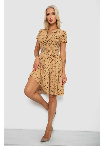 Темно-бежевое платье софт с принтом в горох, 230r0032-3 Ager