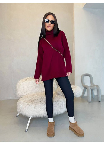 Бордовий зимовий жіночий подовжений светр оверсайз з розрізами MonCher