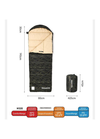 Спальний мішок з капюшоном M320 CNK2350WS023, зелений камуфляж, лівий (A-017897) Naturehike (321107382)
