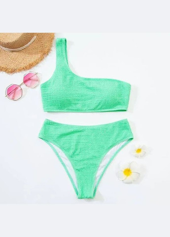 Бірюзовий літній роздільний купальник жатка на одне плече, трусики сліпи s m l (44 46 48) бірюзовий Po Fanu