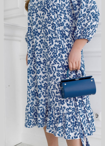 Синее повседневный свободное платье с воланом а-силуэт No Brand с цветочным принтом