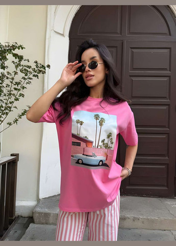 Женская яркая базовая хлопковая футболка с веселым принтом розовый хлопок. Україна - (339402815)