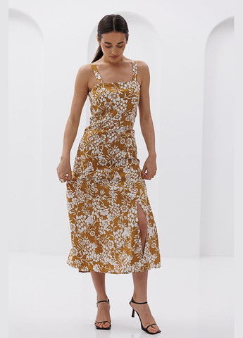 Жовтий жіноча літня сукня міді з квітковими візерунками та розрізом Arjen