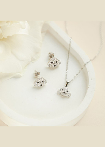 Комплект срібний Песики з білими та чорними фіанітами сережки пусети та кольє на тонкому ланцюгу No Brand (362177030)