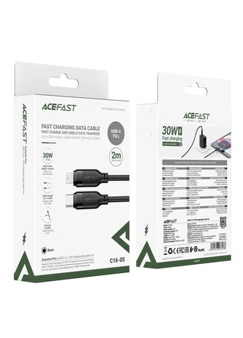 Кабель C16-05, USB to iP, 30W, 2m, TPU, TPU connectors, Black Acefast (403221665)