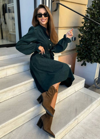 Зеленое повседневный платье на пуговицах с поясом рубашка Україна однотонное