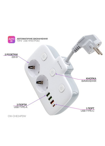 Мережевий фільтр живлення CW-CHE24PDW 2 розетки/4USB (CW-CHE24PDW) Colorway (306618273)