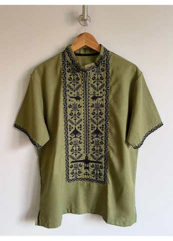 мужская льняная вышиванка хаки с байрактарами,рубашка вышиванка с коротким рукавом узор орнамент приталенная, свободная, прямой лен (317270344)